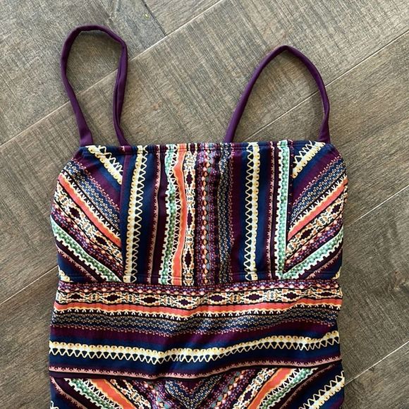 Mossimo Tribal Burgundy One Piece Swimsuit Lace Up Back Size Large - Picture 2 of 5